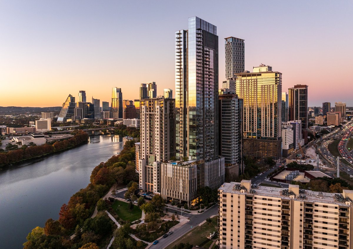 Austin Texas skyline aerial view at sunset