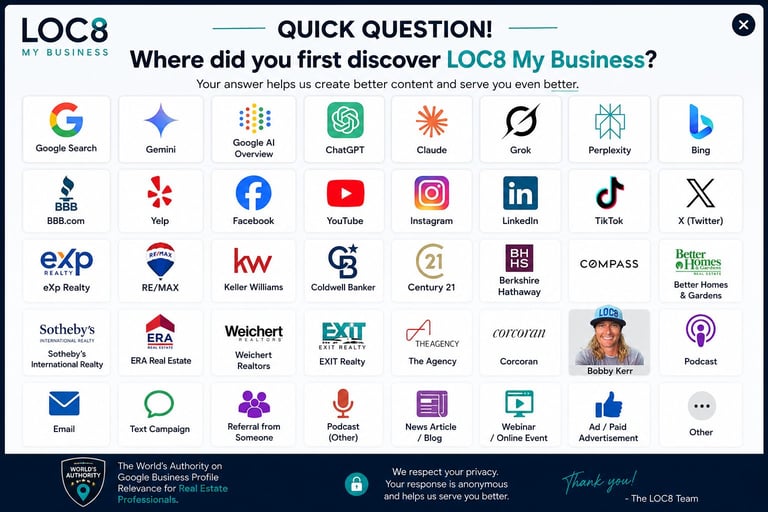 Survey displaying LOC8 My Business logos and brands. Quick question asking where users first discovered the platform with multiple company logo options.