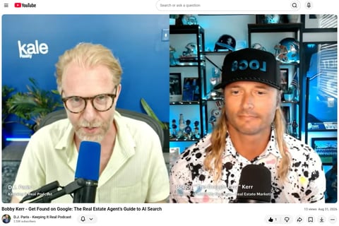Two men in a YouTube video chat. Left: man with blonde hair and glasses wearing a light yellow shirt. Right: man wearing a black cap and patterned shirt in a home studio setup.