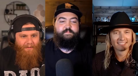 Three men with beards wearing headwear posing for portrait photos side by side