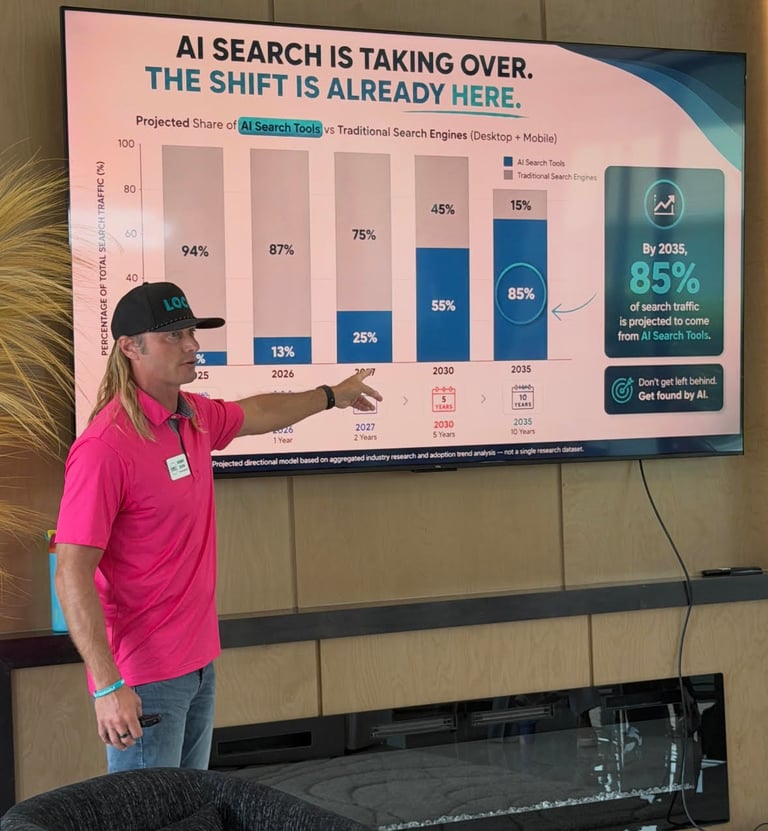Person in pink shirt pointing at a screen displaying a bar chart about AI search trends and projected market shifts through 2035