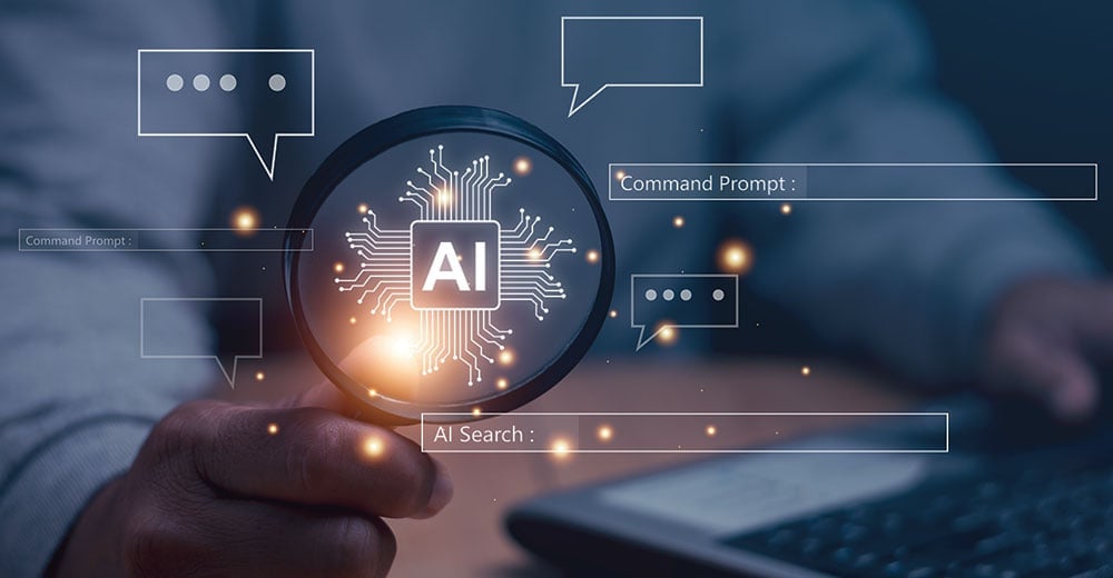 Hand holding glowing magnifying glass with AI chip icon and command prompts, representing AI search and technology interface