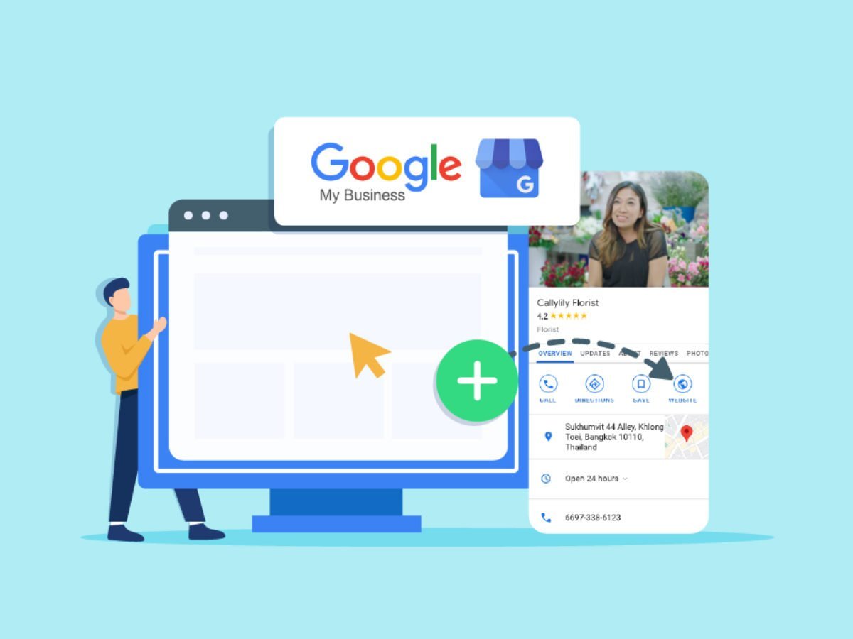 Illustration of Google My Business setup with person at computer, profile card, and green plus icon on light blue background