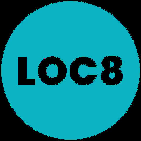 Turquoise circular logo with black text reading LOC8