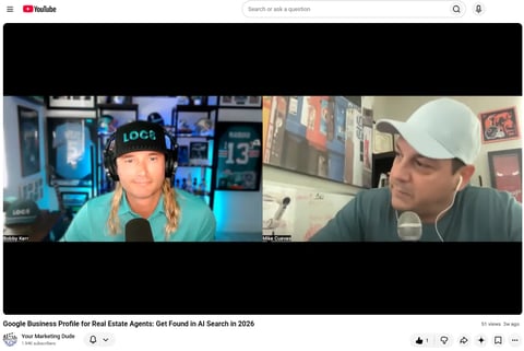 Two men in a split-screen YouTube video interview. Left: man in blue hat and headphones. Right: man in white cap with headphones. Title mentions Google Business Profile for real estate agents.
