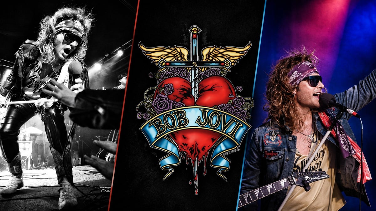 Bon Jovi band collage featuring black and white performance photo, logo with winged cross and heart, and colorful stage lighting photo.