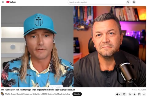 Split screen showing two men; left man wearing blue cap and patterned shirt, right man in black shirt at microphone with bookshelf behind